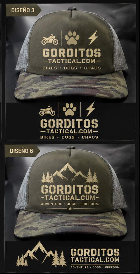 A promotional collage showing six different tactical trucker hat designs labeled in Spanish as 'DISEÑO 1' through 'DISEÑO 6' under the brand name 'GORDITOS TACTICAL.COM'.