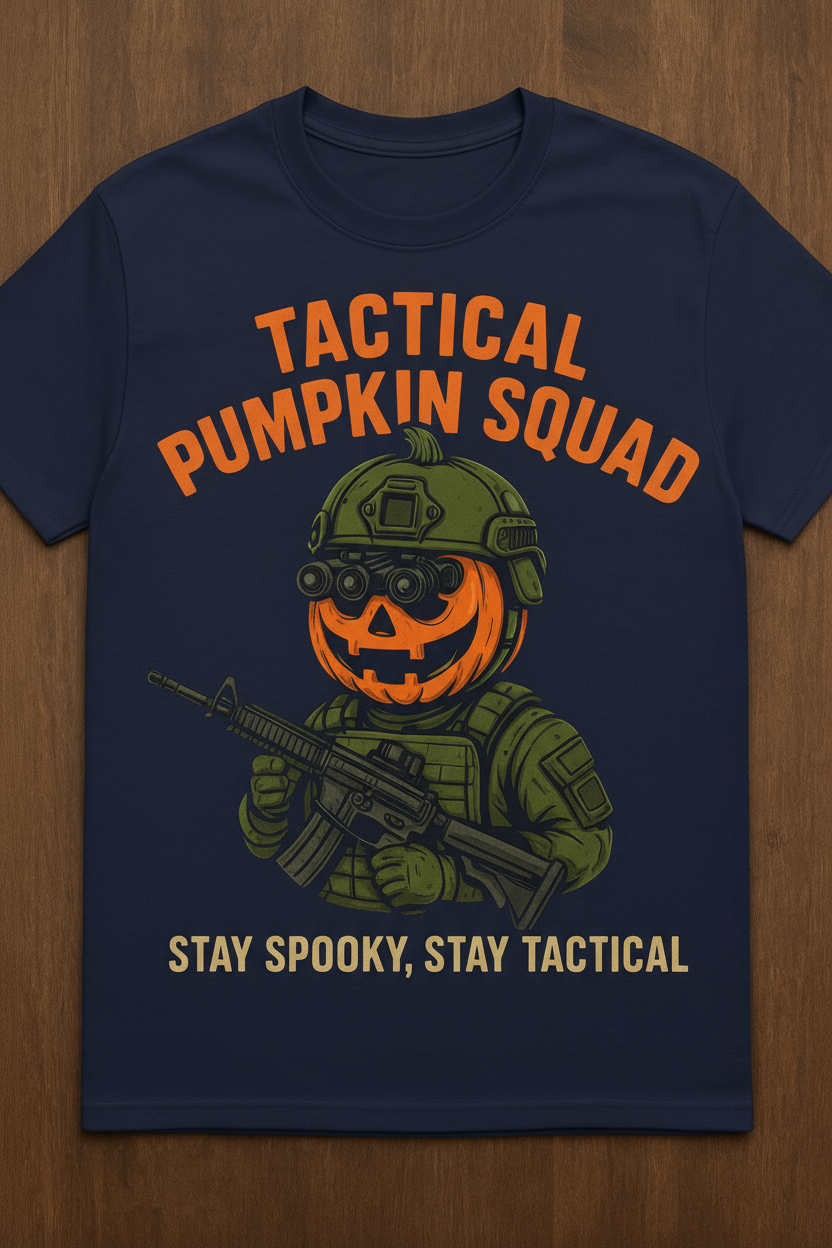 This playful tee combines festive pumpkin charm with a tactical twist