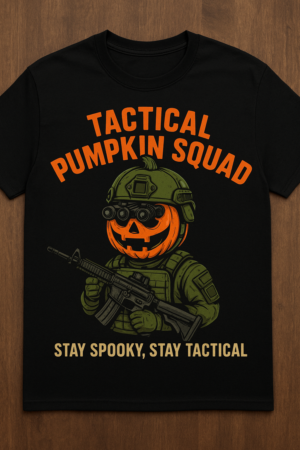 This playful tee combines festive pumpkin charm with a tactical twist