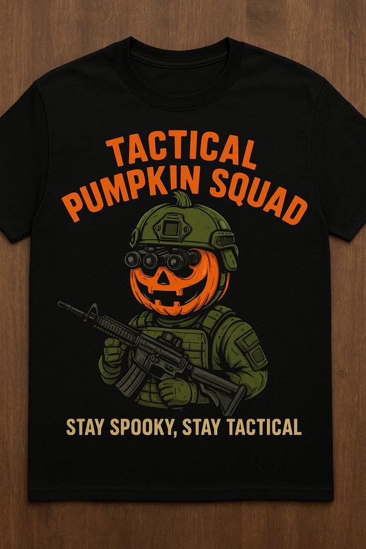 This playful tee combines festive pumpkin charm with a tactical twist