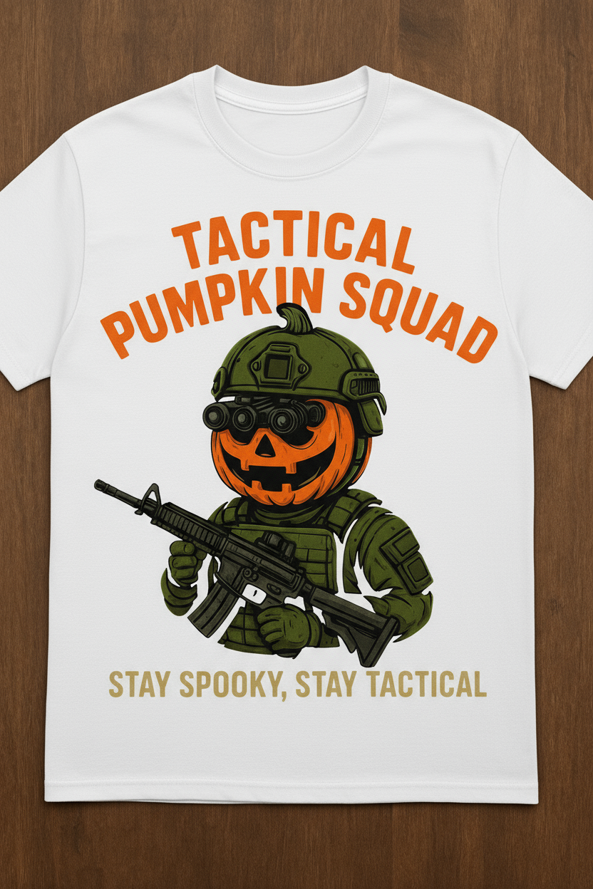 This playful tee combines festive pumpkin charm with a tactical twist