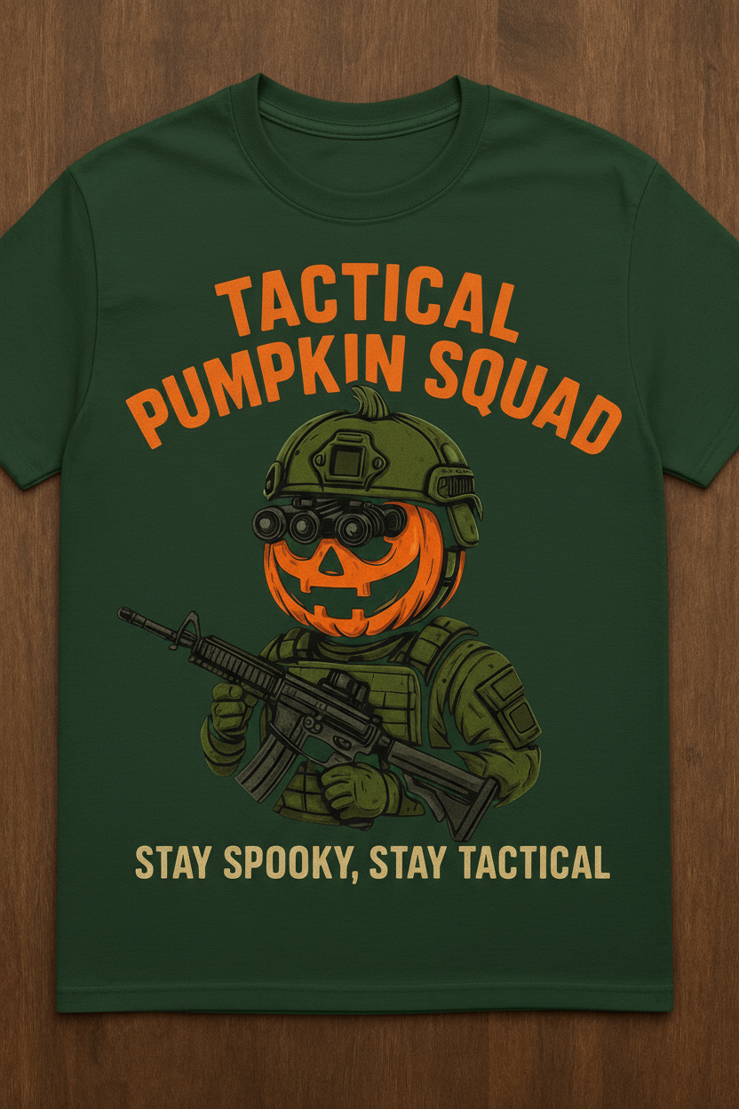 This playful tee combines festive pumpkin charm with a tactical twist