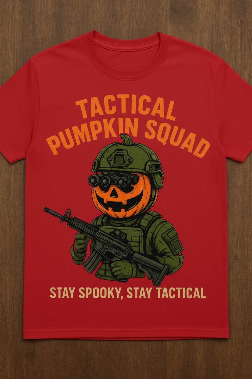This playful tee combines festive pumpkin charm with a tactical twist