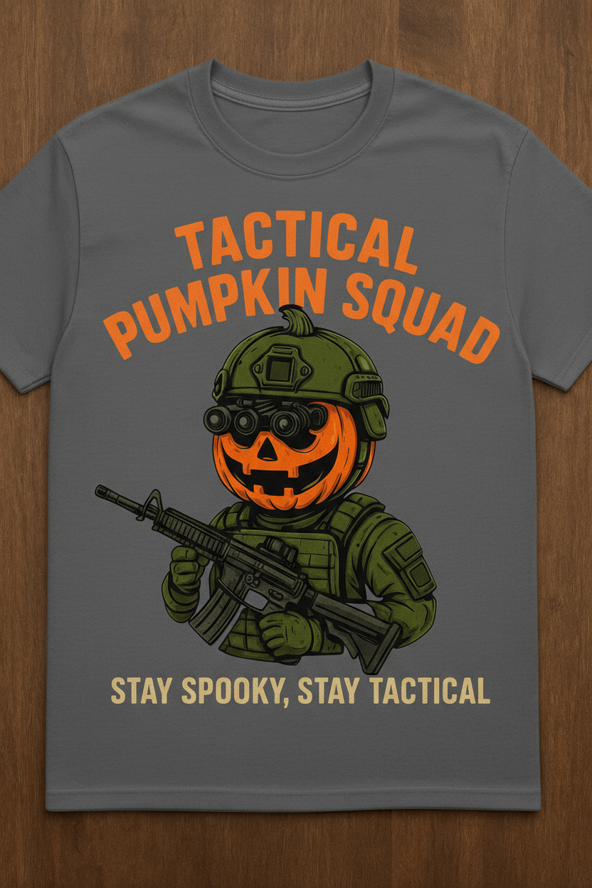 This playful tee combines festive pumpkin charm with a tactical twist