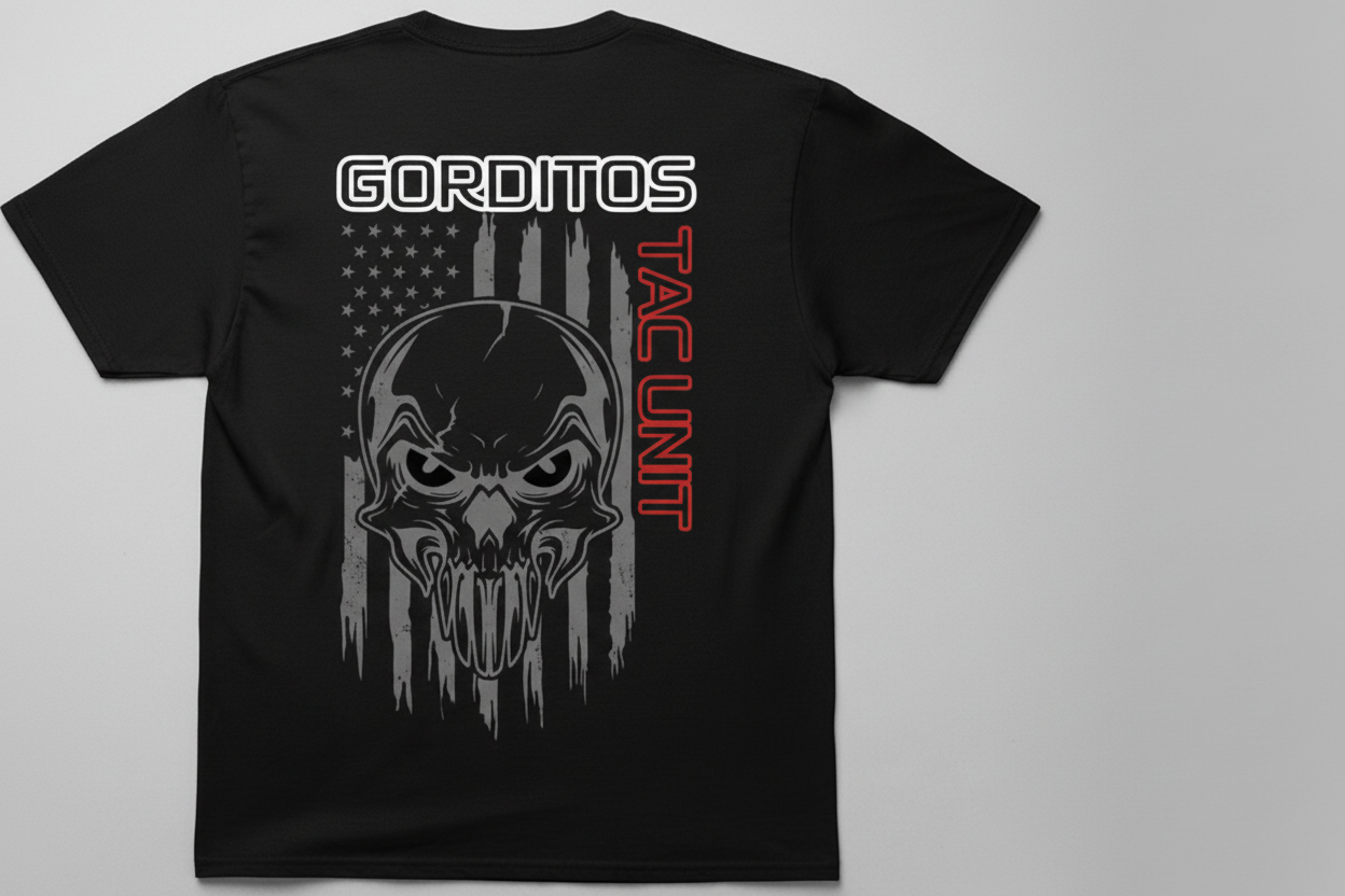 Gorditos Tac Unit Flag Skull Tshirt Rep your crew with this bold tactical tee