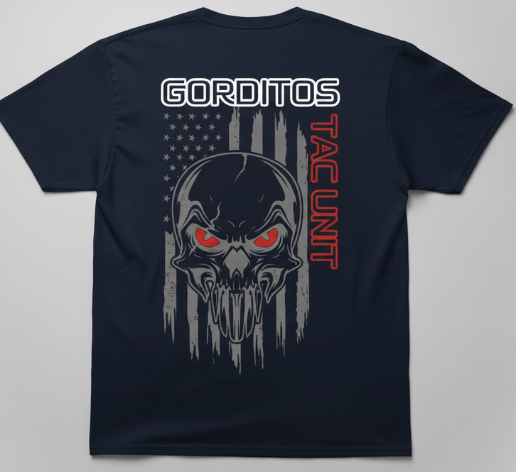 Gorditos Tac Unit Flag Skull Tshirt Rep your crew with this bold tactical tee