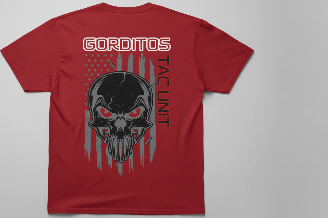 Gorditos Tac Unit Flag Skull Tshirt Rep your crew with this bold tactical tee