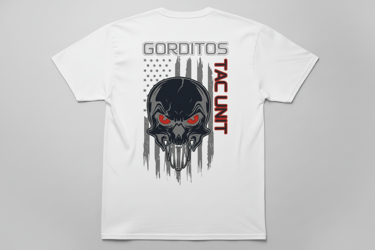 Gorditos Tac Unit Flag Skull Tshirt Rep your crew with this bold tactical tee