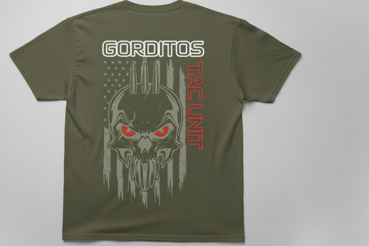 Gorditos Tac Unit Flag Skull Tshirt Rep your crew with this bold tactical tee