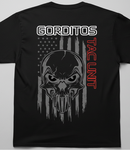 Gorditos Tac Unit Flag Skull Tshirt Rep your crew with this bold tactical tee