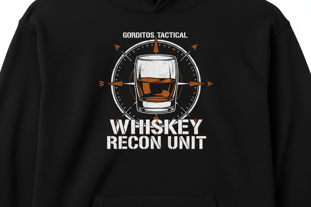 black hoodie:Here’s the final setup for the olive + burnt orange hoodie:
Main layout (center chest):
Top line: GORDITOS TACTICAL (small stencil font)
Middle: big graphic
Option A: Whiskey glass + compass lines → “WHISKEY RECON UNIT”


