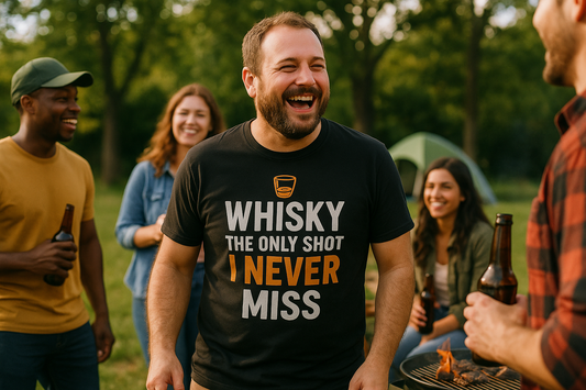 LET DO A MAN WITH SHIRT: WHISKY THE ONLY SHOT I NEVER MISS. OUTDOOR SETTING HAVING FUN WITH FRIENDS