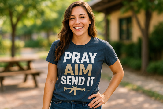 LET DO AN AD SELLIG A HSIRT WITH A FEMALE WAREING IT: PRAY AIM SEN IT MAKE LOOK FUN AND CASUAL