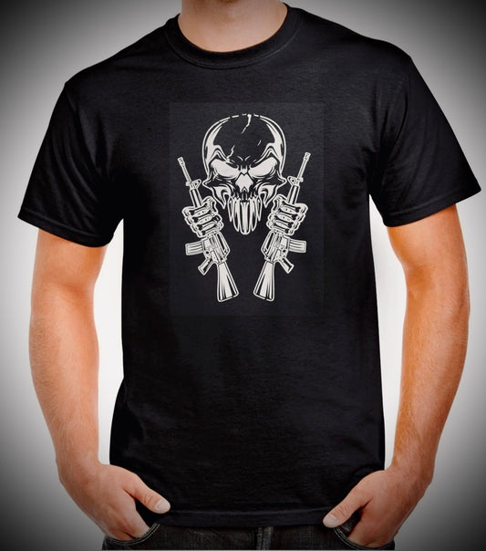 Featuring a cheeky skull paired with cool machine guns!