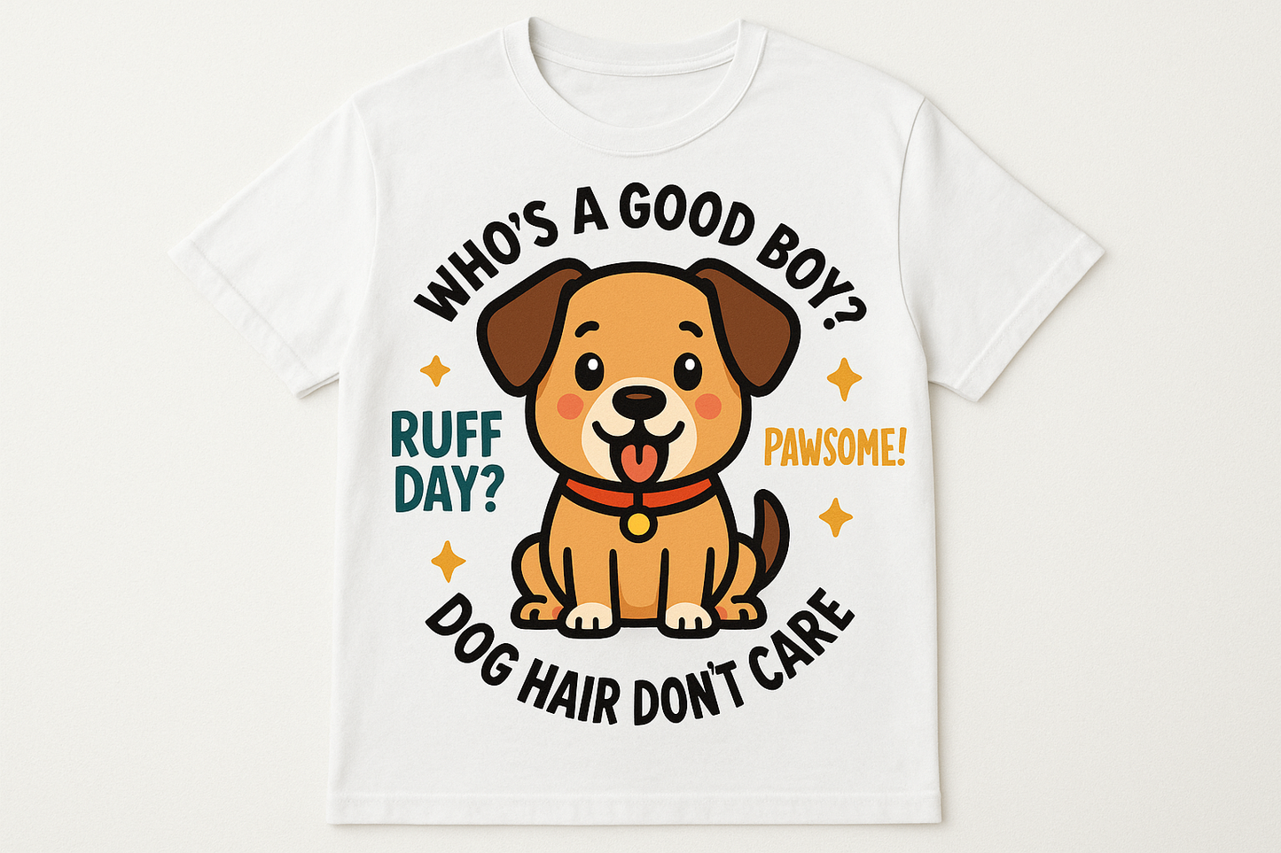 shirt with a vector of dog in the middle and funny text around